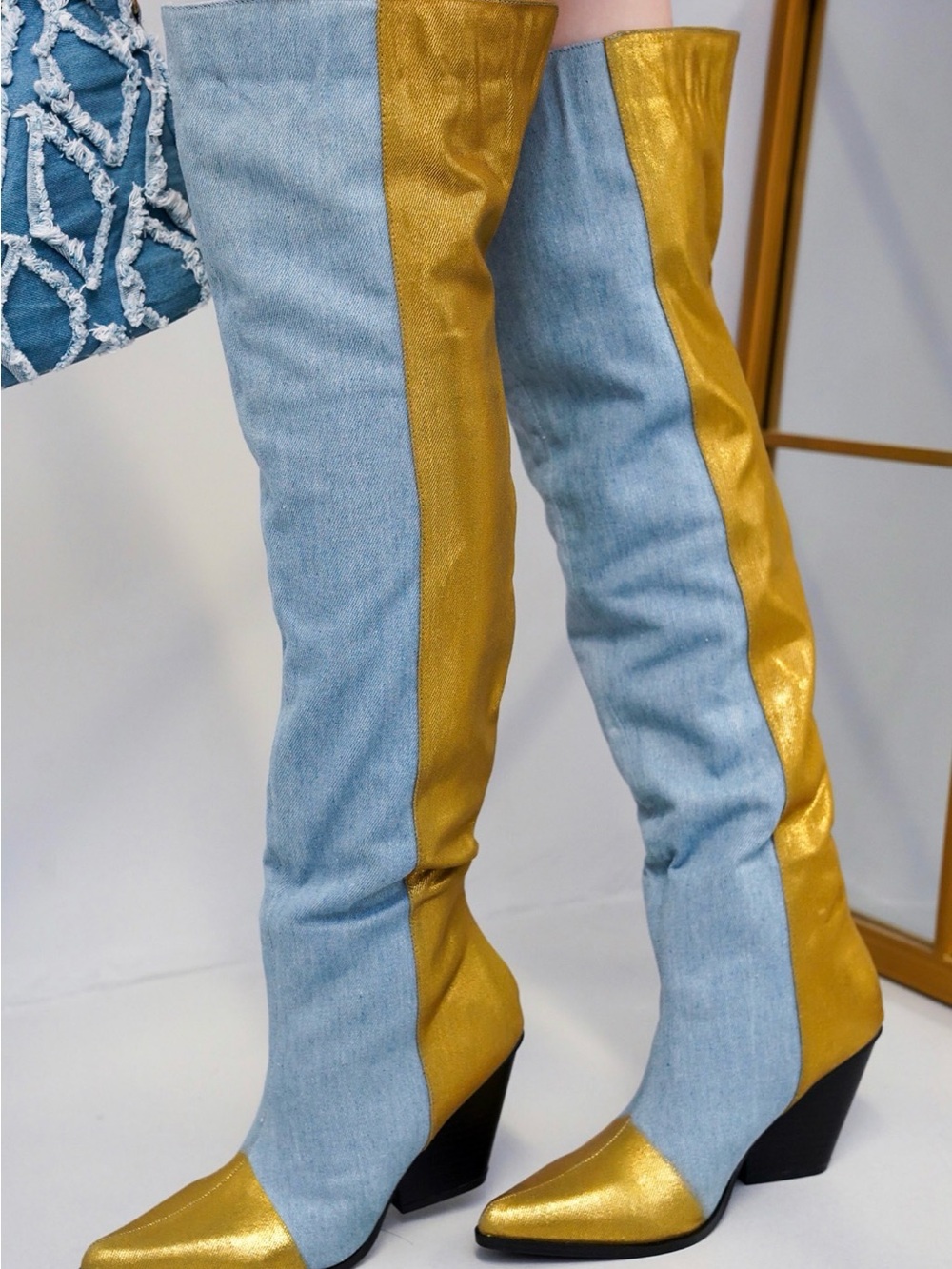 Cape Robbin Lowa Blue Gold Over-the-Knee Statement Boots - Picture 2 of 7